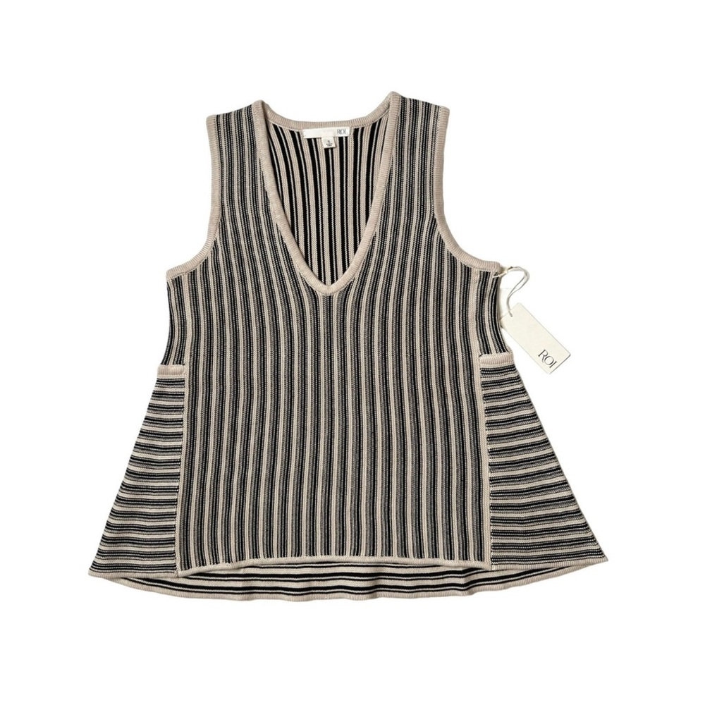 ROI Ecru/Black Striped Design V-Neck Knit Sweater Top Tank Sz S Women